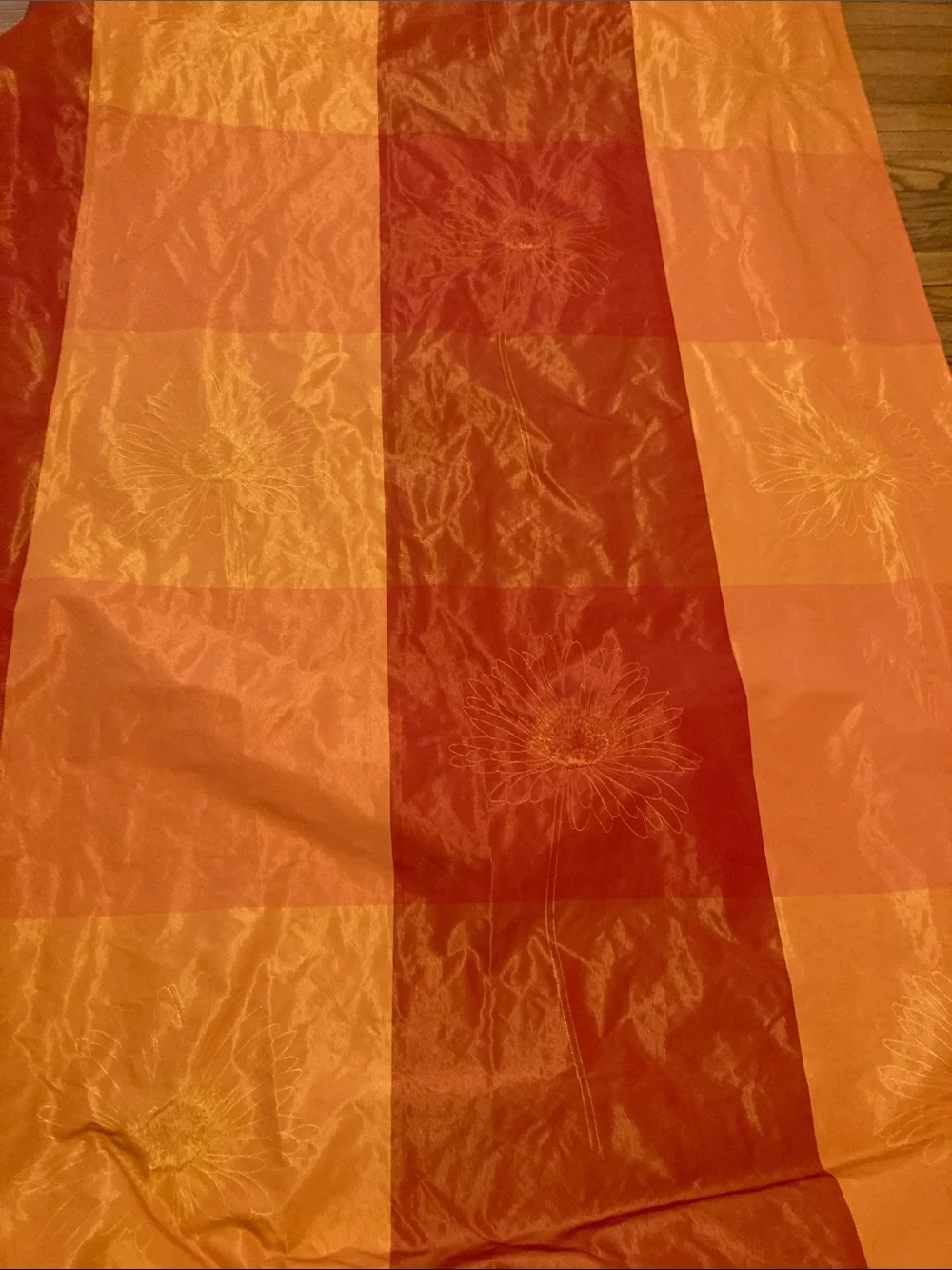 Spectacular MADURA two panel raspberry orange/ yellow daisy embroidered curtain